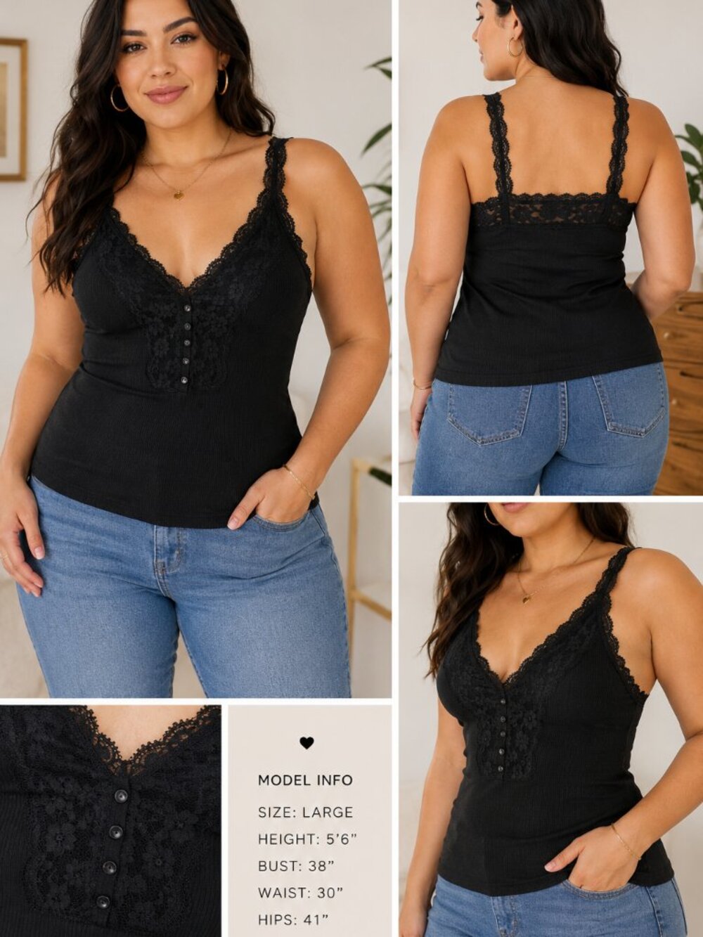 Streetwear Society L Black Lace Trim Button Front Cotton Tank
